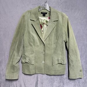 Karen Kane Blazer Womens Medium Green Leather Floral Lining Bow Pockets